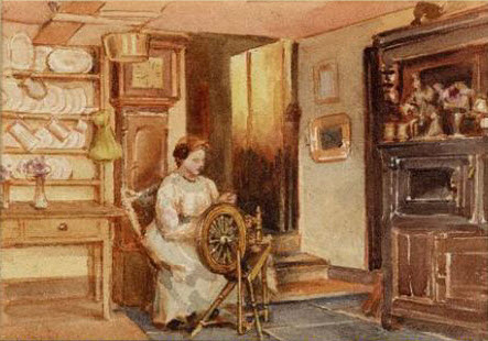 A woman spinning in her rural home